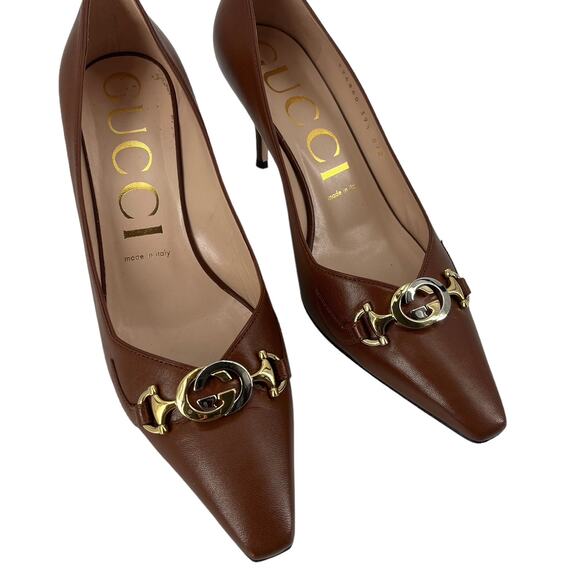 GUCCI Zumi 75 Pumps Brown Leather High Heel Slip On G Logo Buckle Size 9.5 - Picture 6 of 9